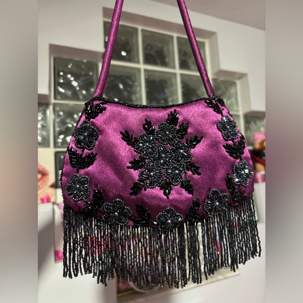 ✨ VINTAGE RARE 50s SMALL BEADED SATIN MINI PURSE PLUM DANGLY BEADED FRINGE ✨ - Picture 11 of 12